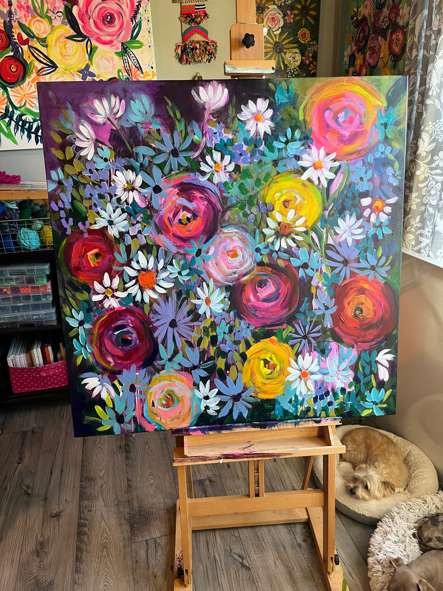 Large 36” Midnight Colorful Floral painting – The Artwerks