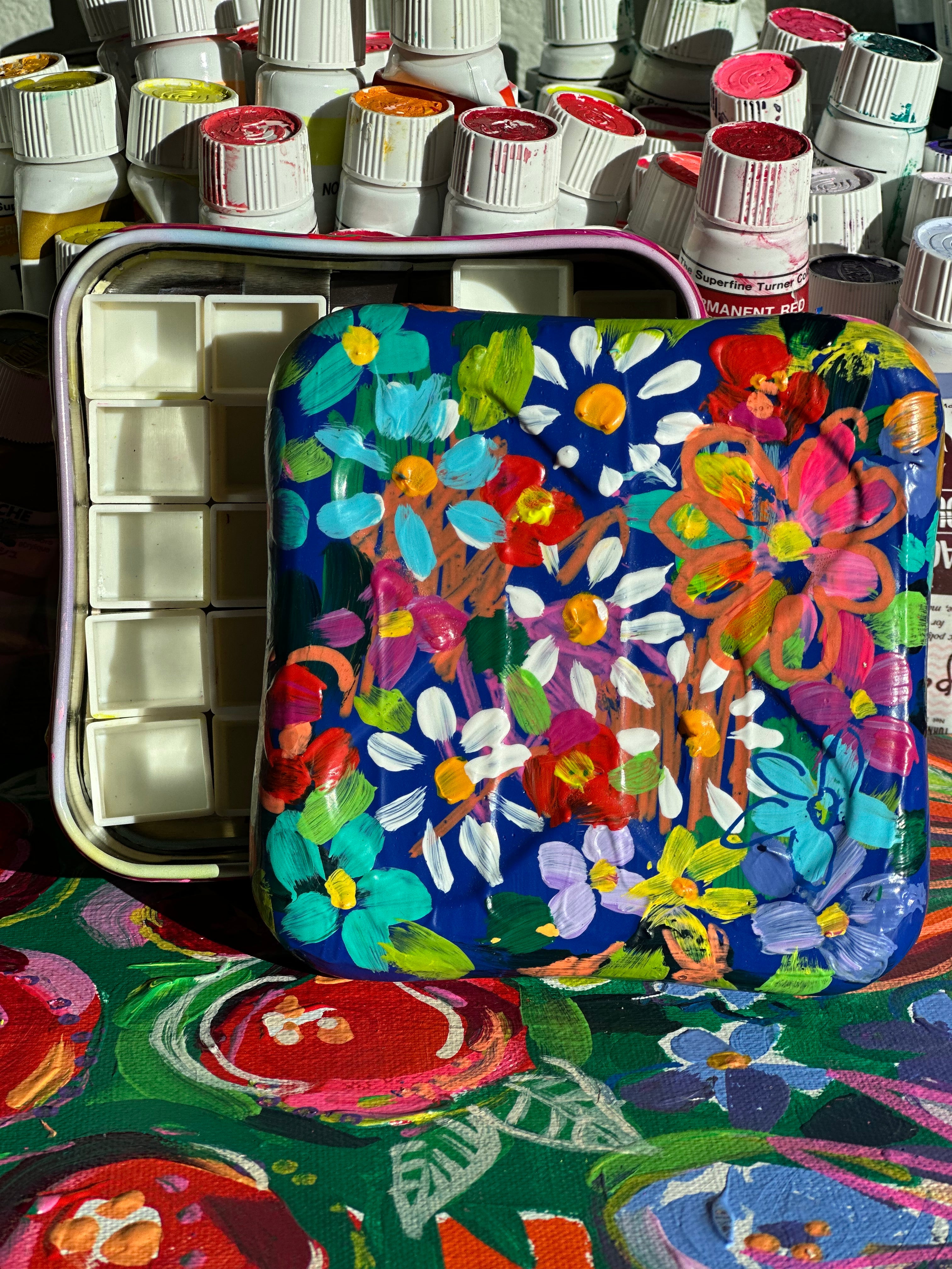 Hand Painted Floral Watercolor Box - Large Travel Box with 24 Watercolor Pans🎨