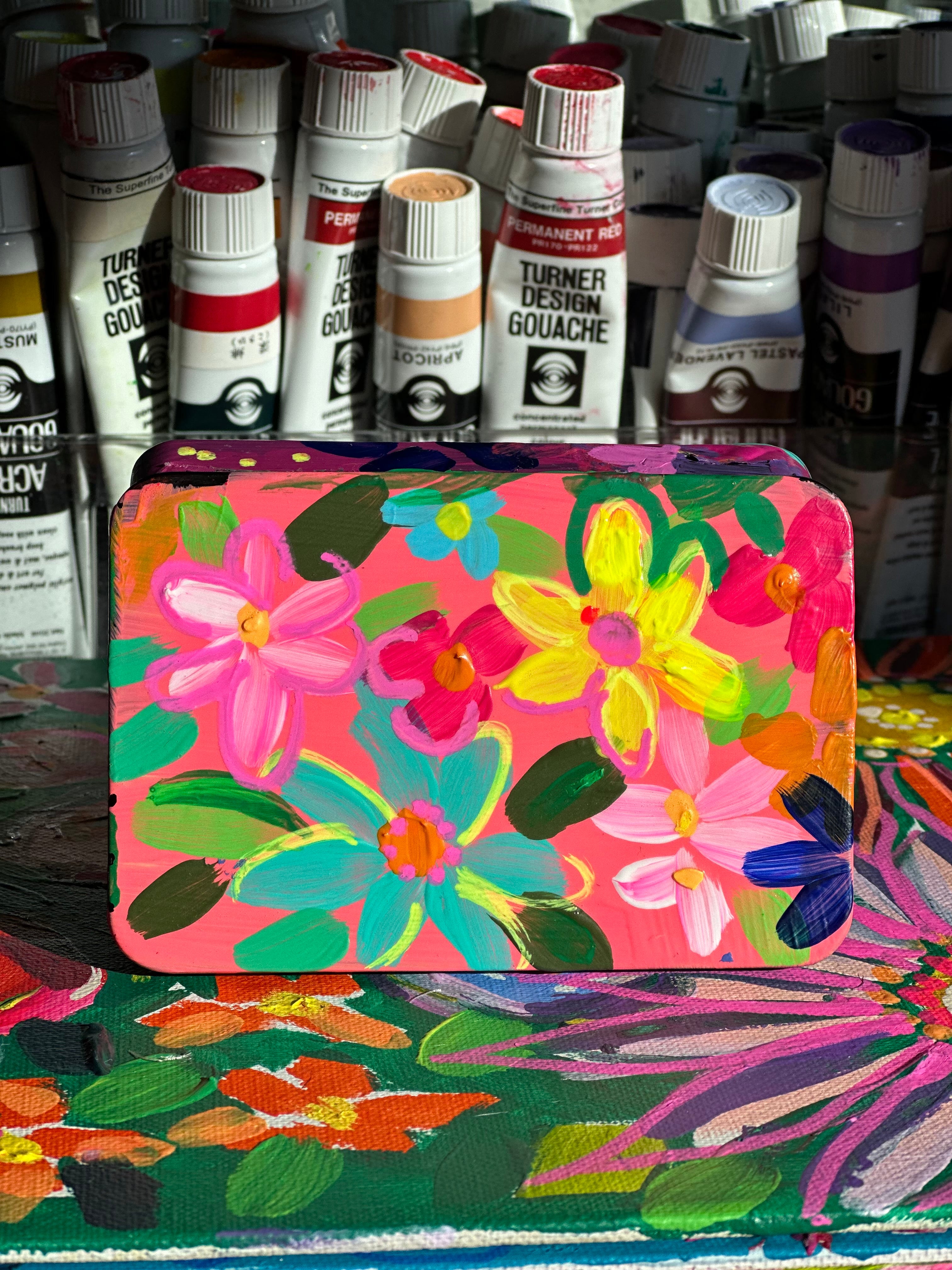 Hand Painted Floral Watercolor Box - Small Travel Box with 18 Watercolor Pans🎨