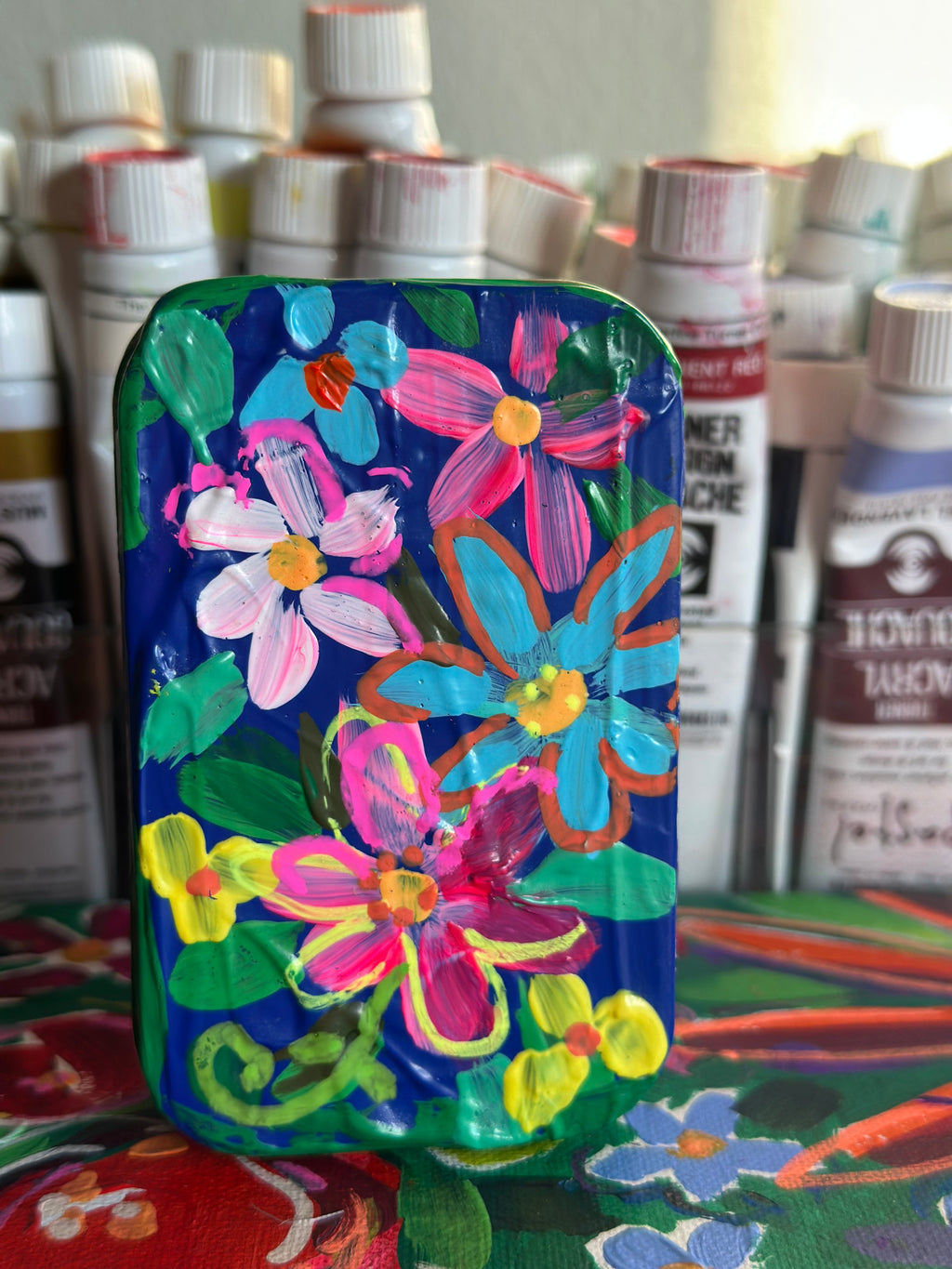 Hand Painted Floral Watercolor Box - Small Travel Box with 14 Watercolor Pans🎨