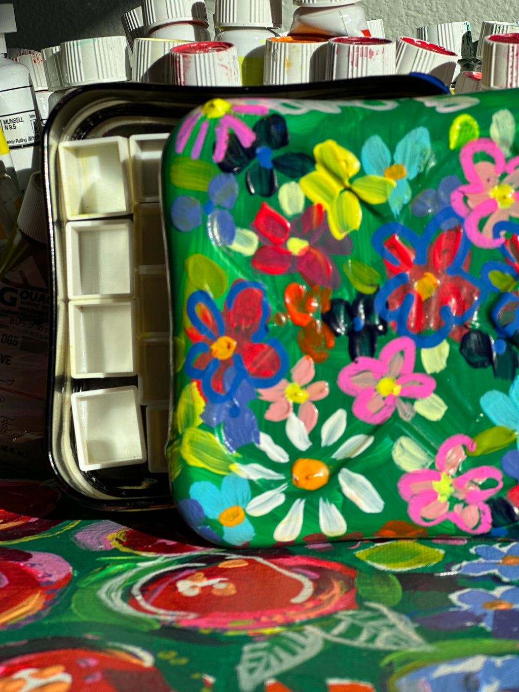 Hand Painted Floral Watercolor Box - Large Travel Box with 24 Watercolor Pans🎨