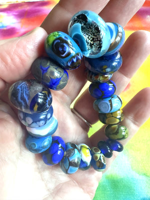 20 piece lampwork glass bead set in royal and indigo blues