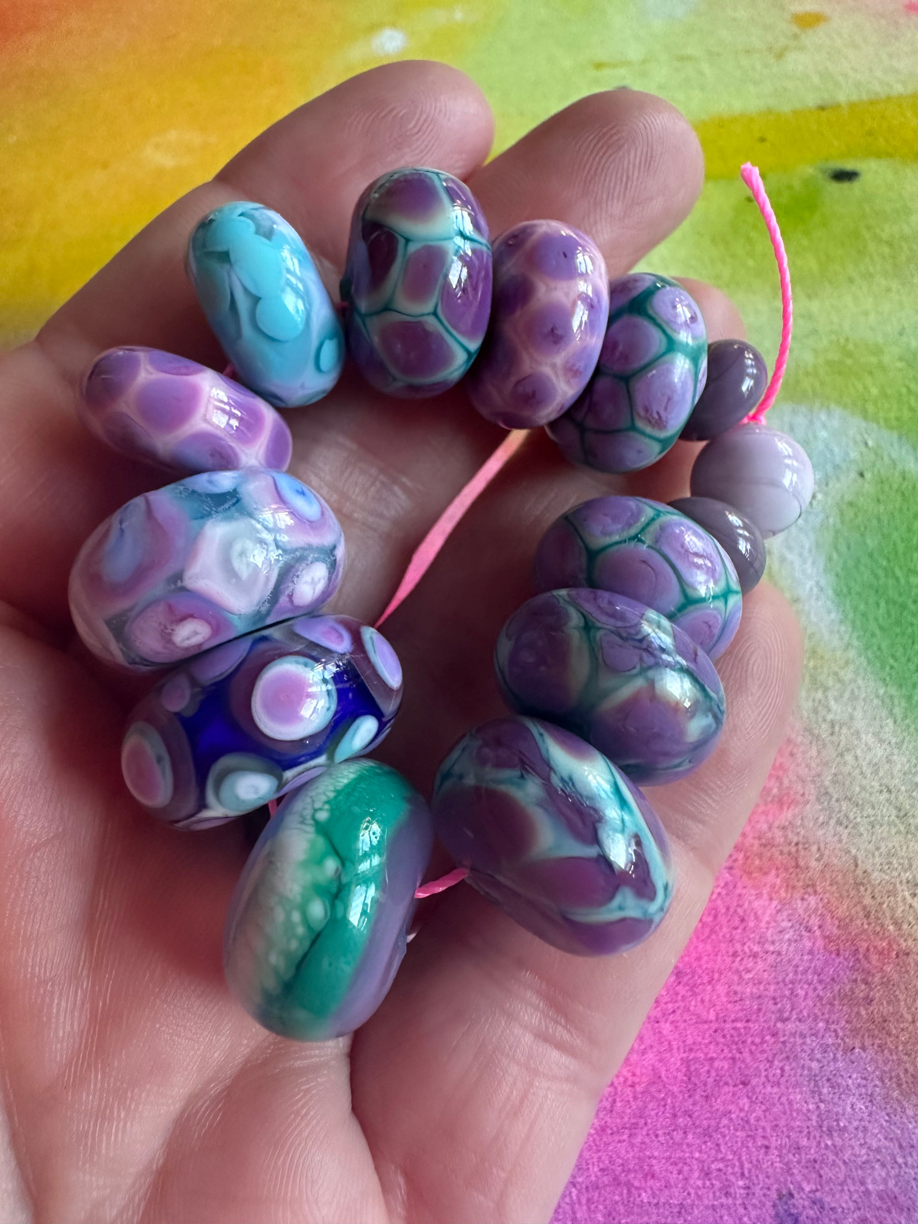 14 Bead Set in Stunning Lilac "Evil Purple", Aqua, and Teal glass.