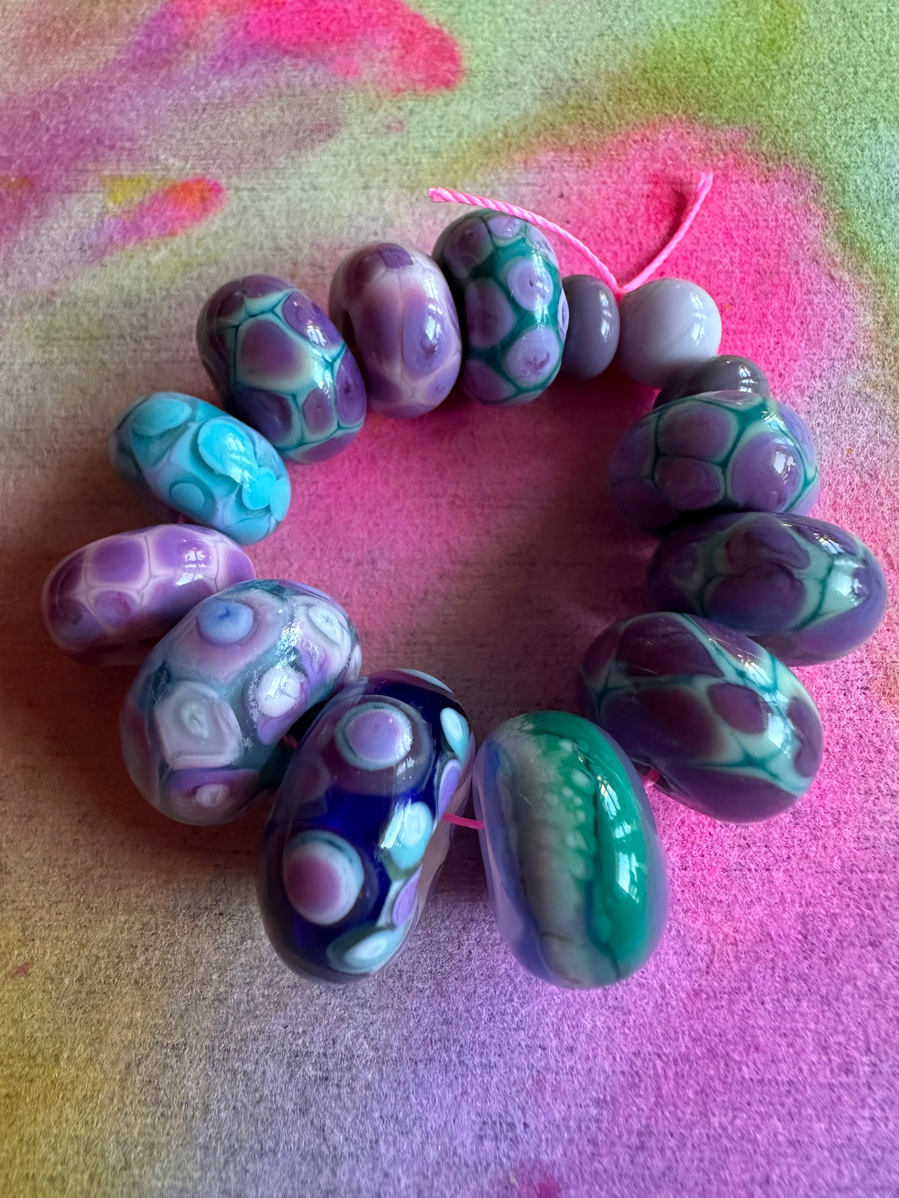 14 Bead Set in Stunning Lilac "Evil Purple", Aqua, and Teal glass.