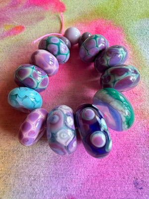 14 Bead Set in Stunning Lilac "Evil Purple", Aqua, and Teal glass.