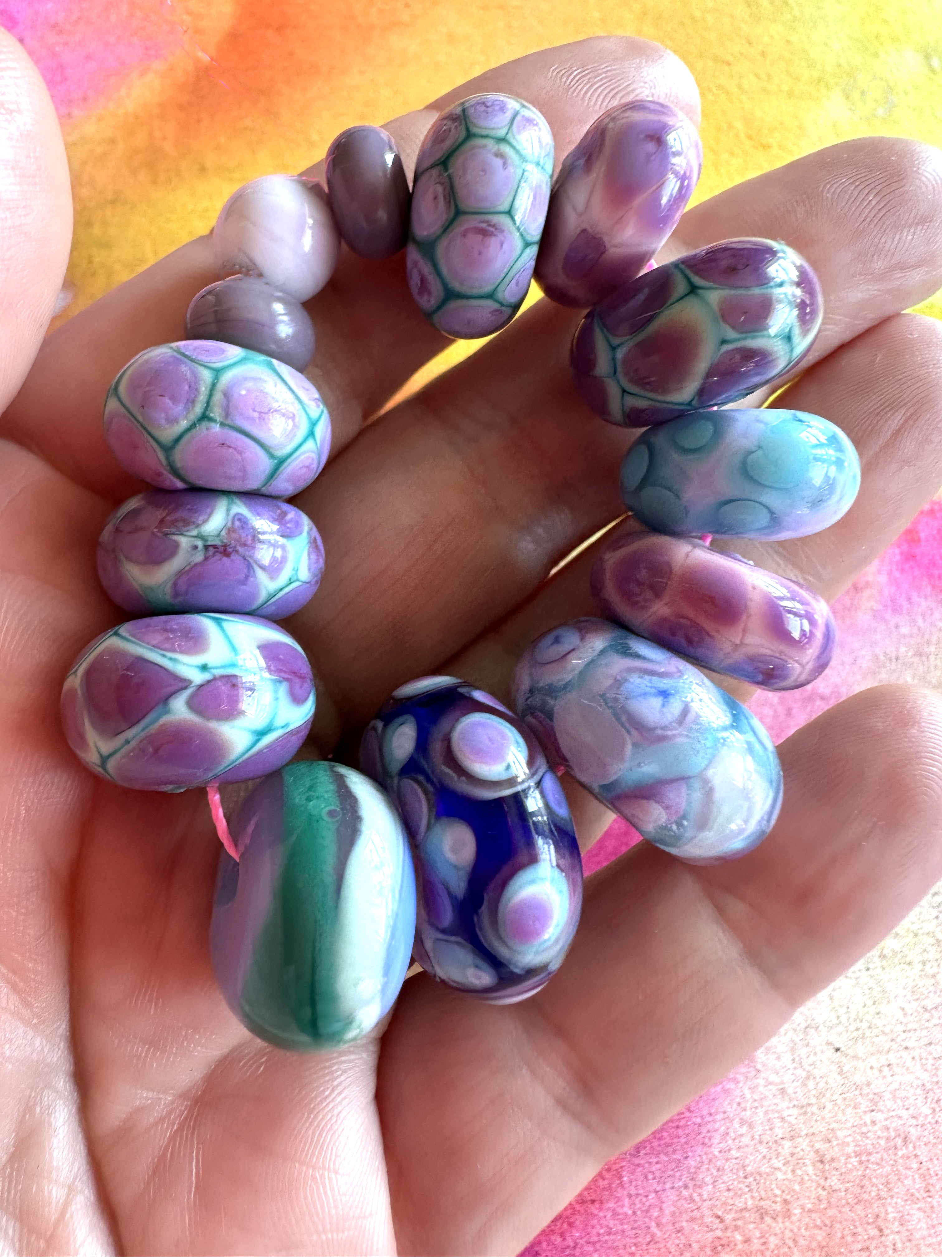 14 Bead Set in Stunning Lilac "Evil Purple", Aqua, and Teal glass.