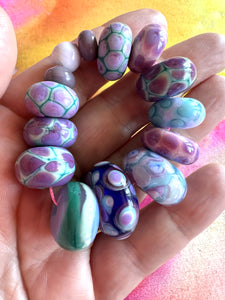 14 Bead Set in Stunning Lilac "Evil Purple", Aqua, and Teal glass.