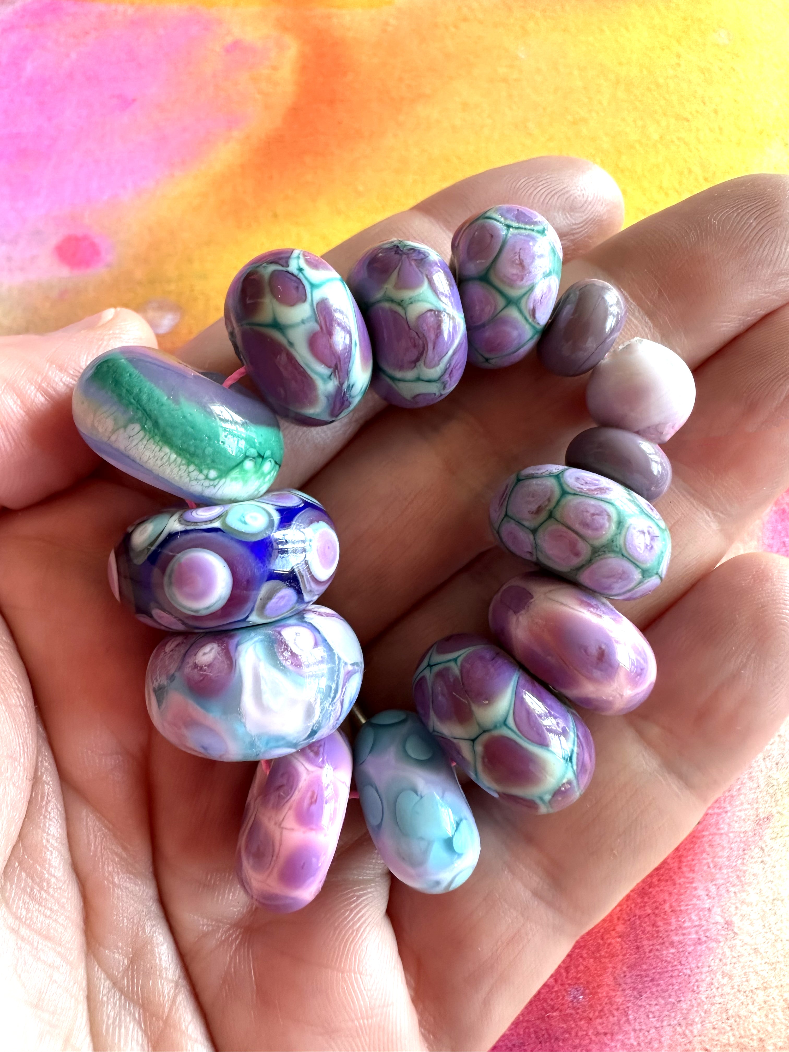 14 Bead Set in Stunning Lilac "Evil Purple", Aqua, and Teal glass.