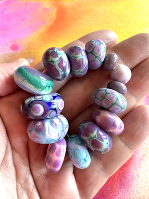 14 Bead Set in Stunning Lilac "Evil Purple", Aqua, and Teal glass.
