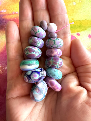 14 Bead Set in Stunning Lilac "Evil Purple", Aqua, and Teal glass.