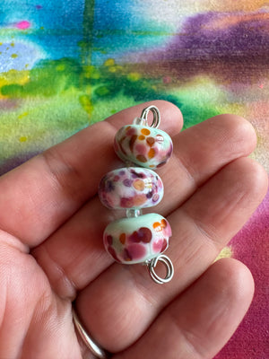 Set of 3 Light Mint Aqua beads with Pink, Purple, Coral and Orange Speckles