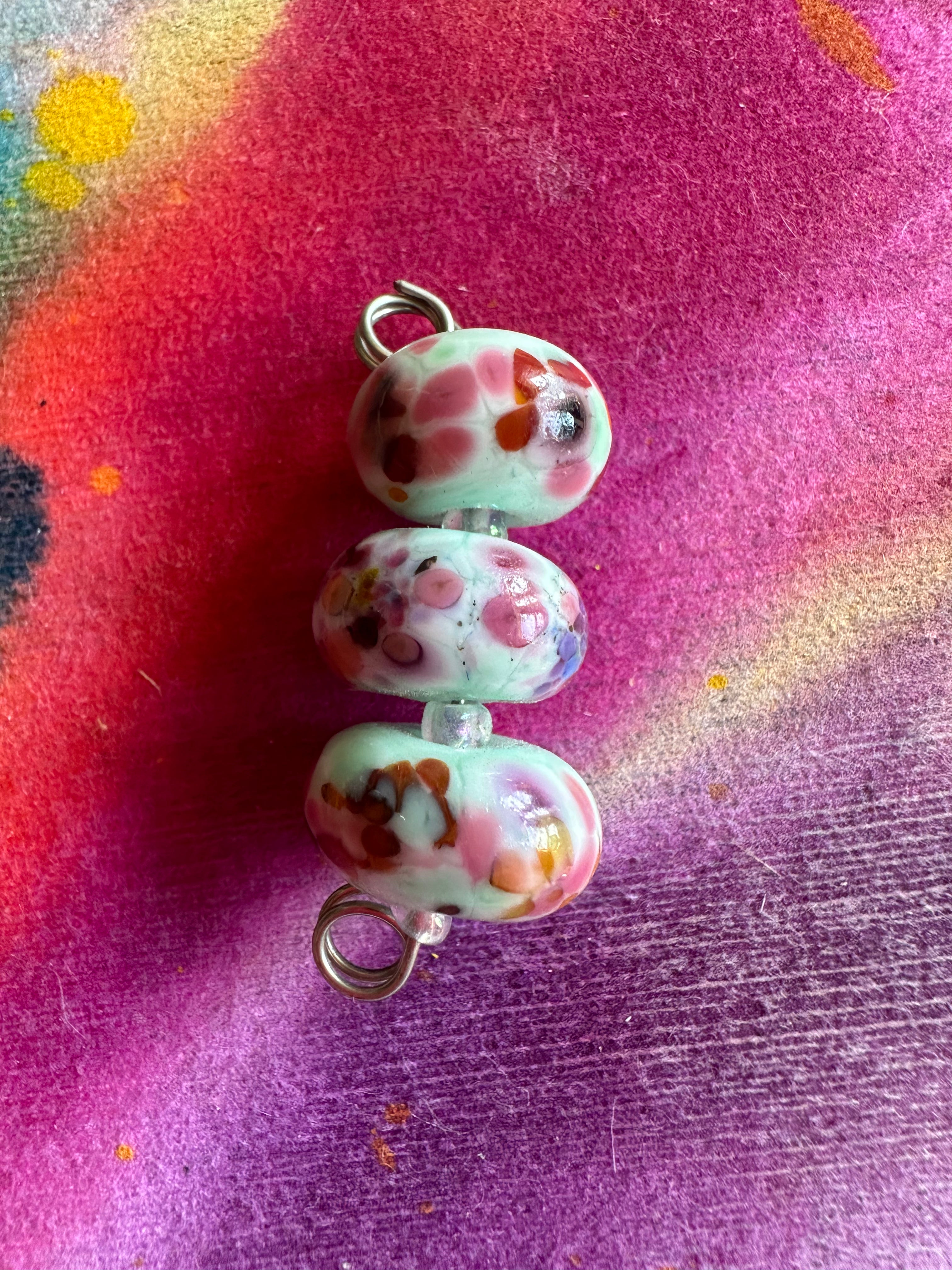 Set of 3 Light Mint Aqua beads with Pink, Purple, Coral and Orange Speckles