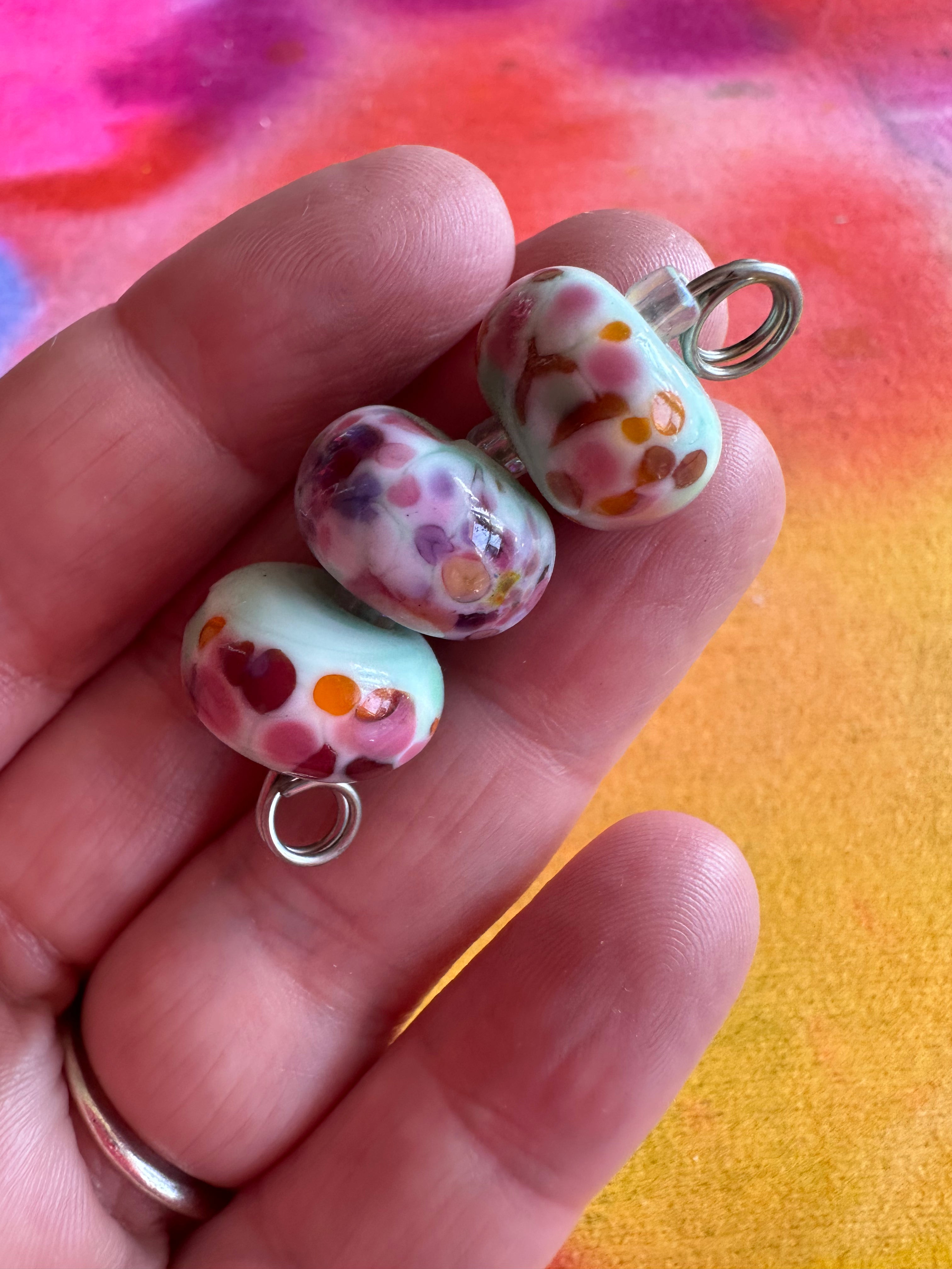 Set of 3 Light Mint Aqua beads with Pink, Purple, Coral and Orange Speckles