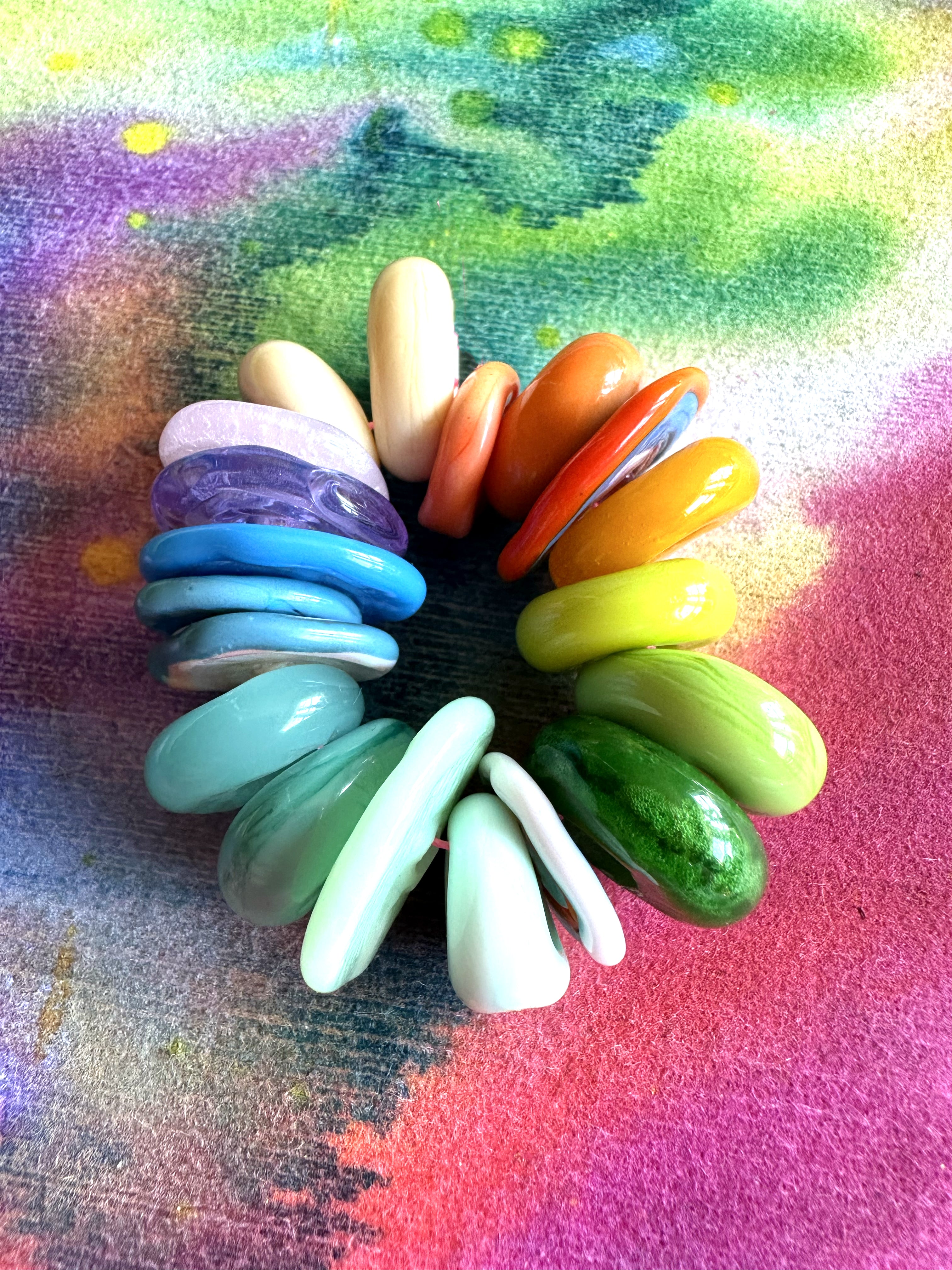 Set of 19 Rainbow Flat Disc and Large Hole Lampwork Glass Beads