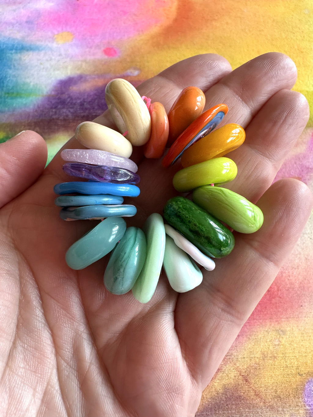 Set of 19 Rainbow Flat Disc and Large Hole Lampwork Glass Beads