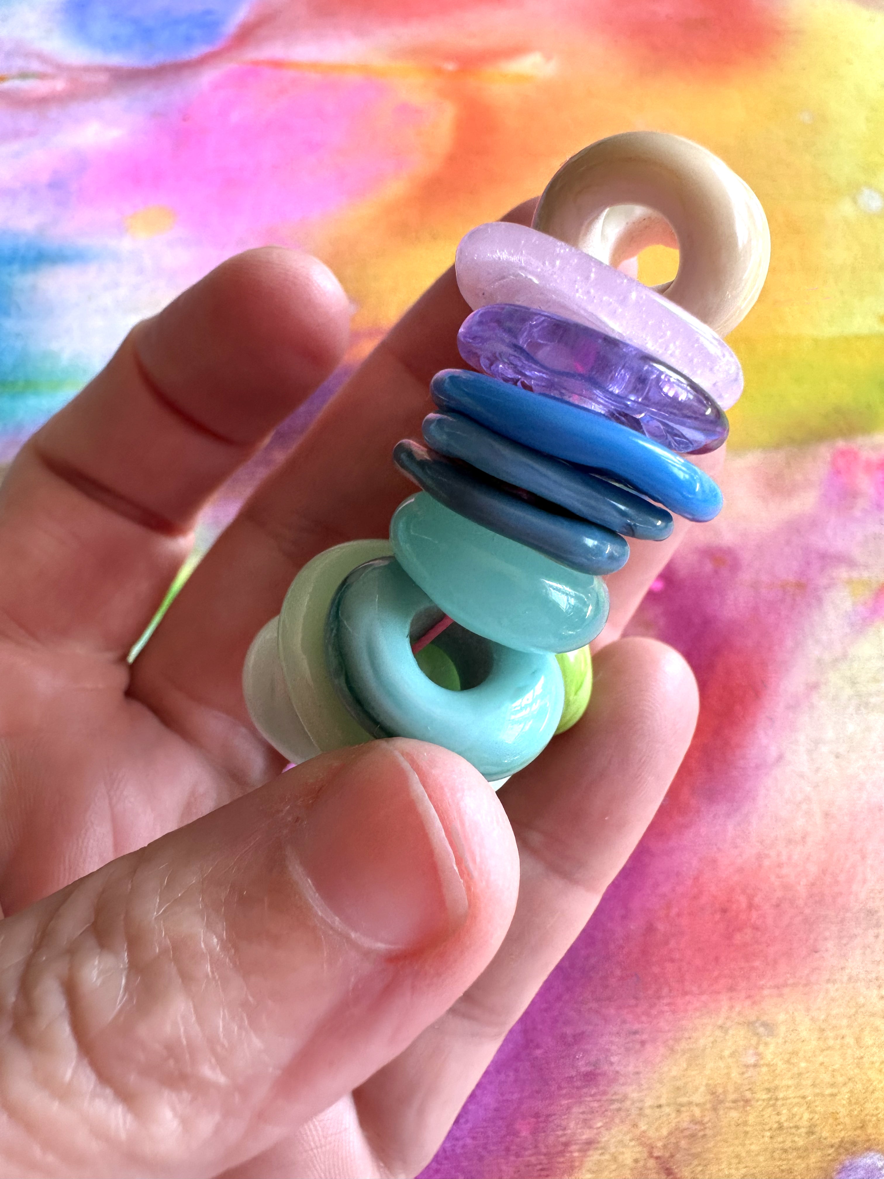 Set of 19 Rainbow Flat Disc and Large Hole Lampwork Glass Beads