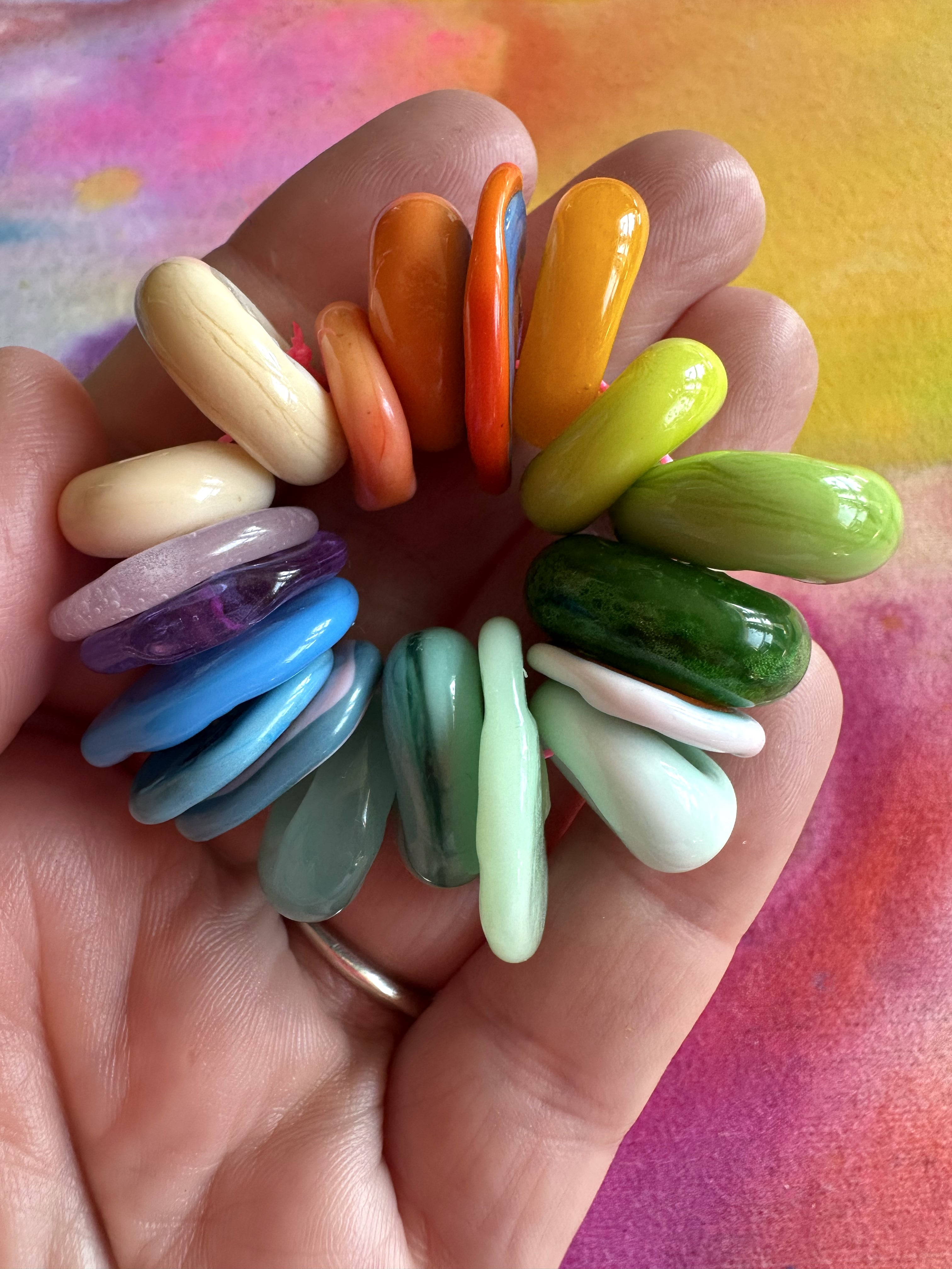 Set of 19 Rainbow Flat Disc and Large Hole Lampwork Glass Beads
