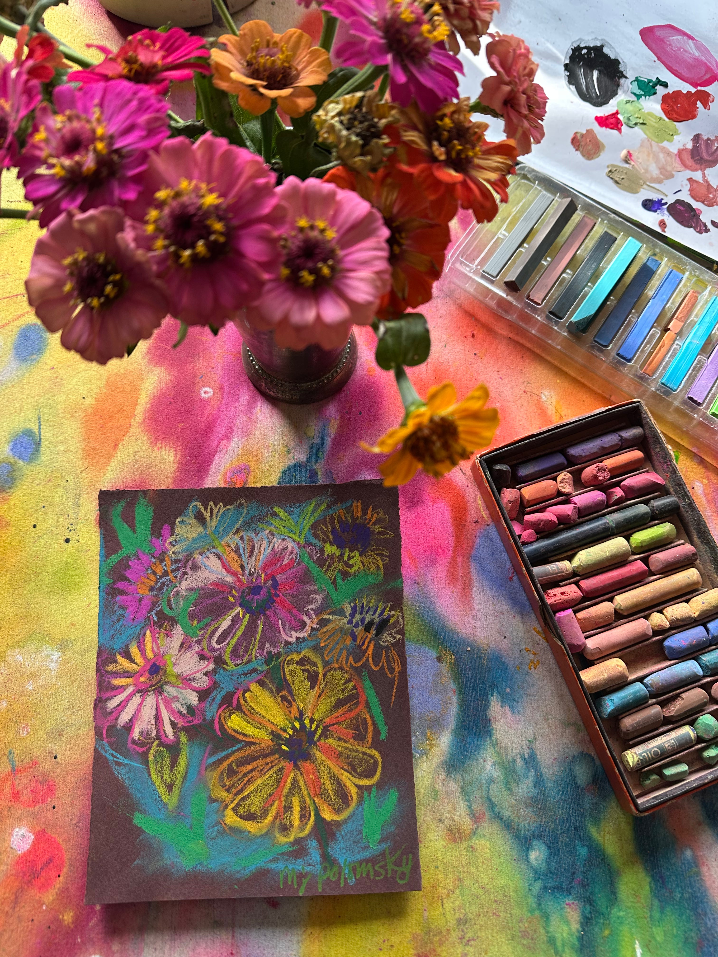 Colorful Zinnia Chalk Pastel Drawing – The Artwerks