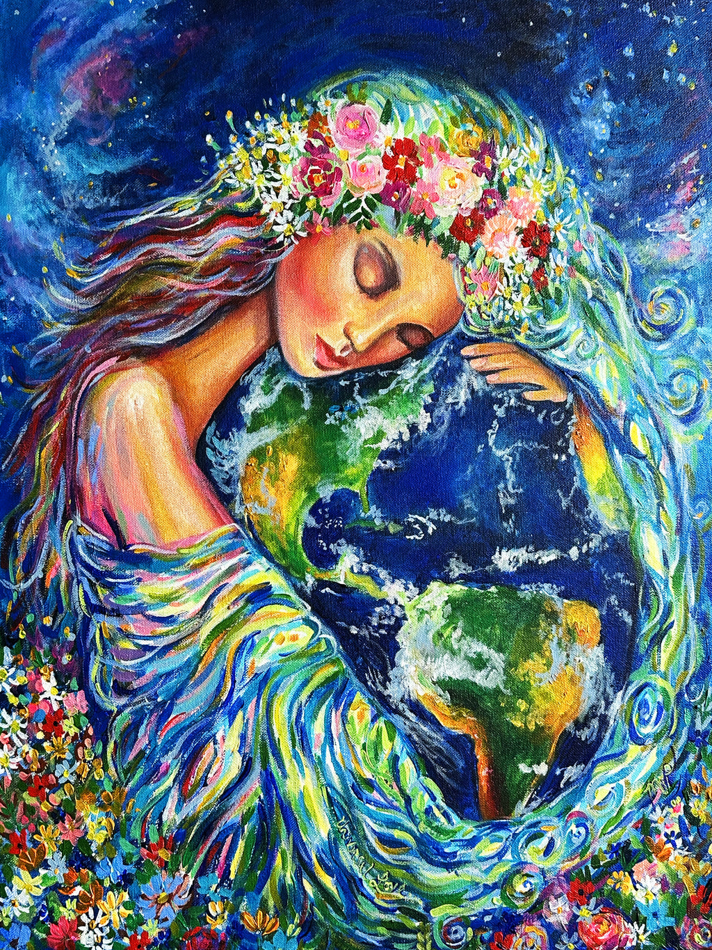 A beautiful painted woman holding the earth in her embrace. She is surrounded by beautiful blue swirls which transform into a sea of colorful flowers at the bottom of the painting. At the top of the painting her floral crown and hair slowly transform into the night sky and clusters of stars. 
