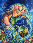 A beautiful painted woman holding the earth in her embrace. She is surrounded by beautiful blue swirls which transform into a sea of colorful flowers at the bottom of the painting. At the top of the painting her floral crown and hair slowly transform into the night sky and clusters of stars. 