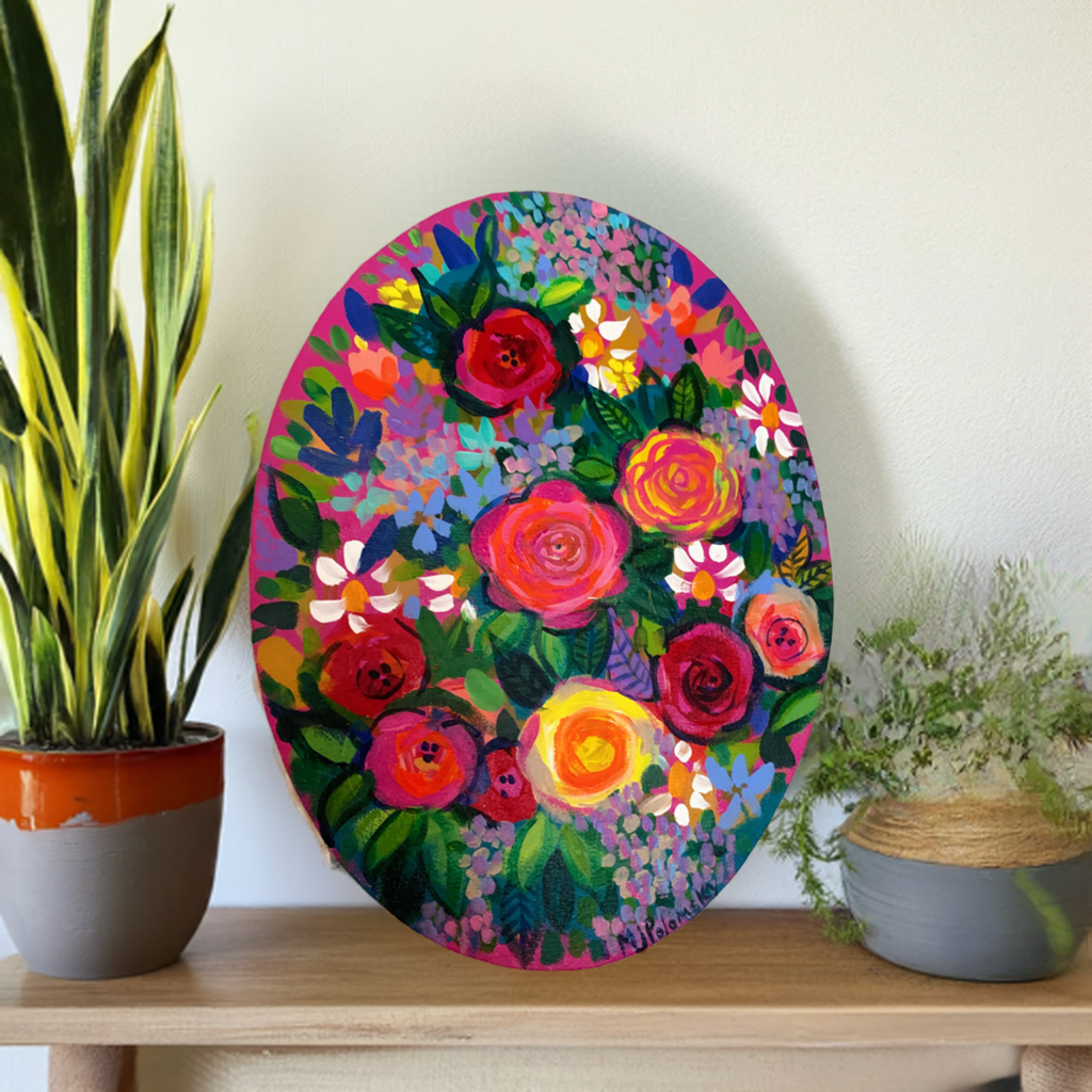 Oval Canvas Floral Painting with Vibrant Colors