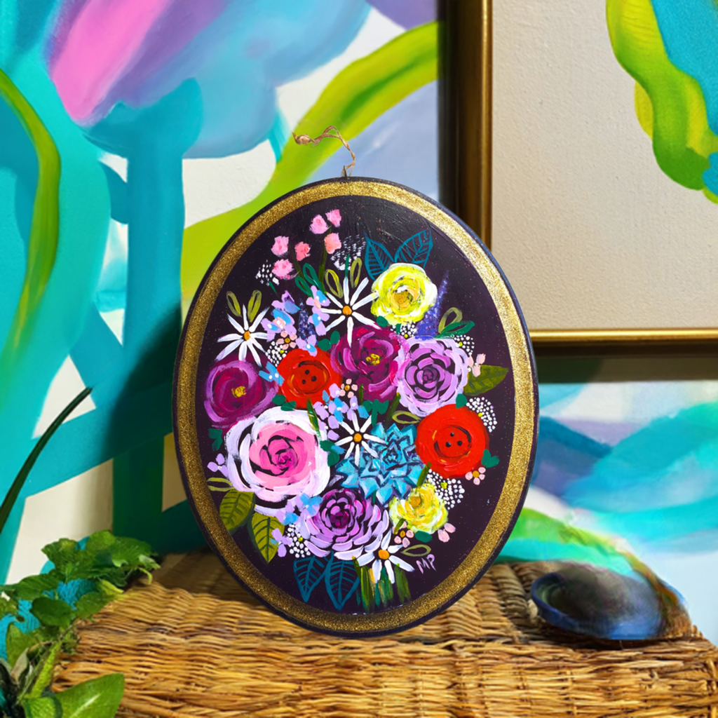 Wooden Oval Floral Painting with Vibrant Colorful Flower Bouquet