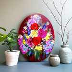 Large Wooden Oval Floral Painting with Vibrant Colorful Flower Bouquet