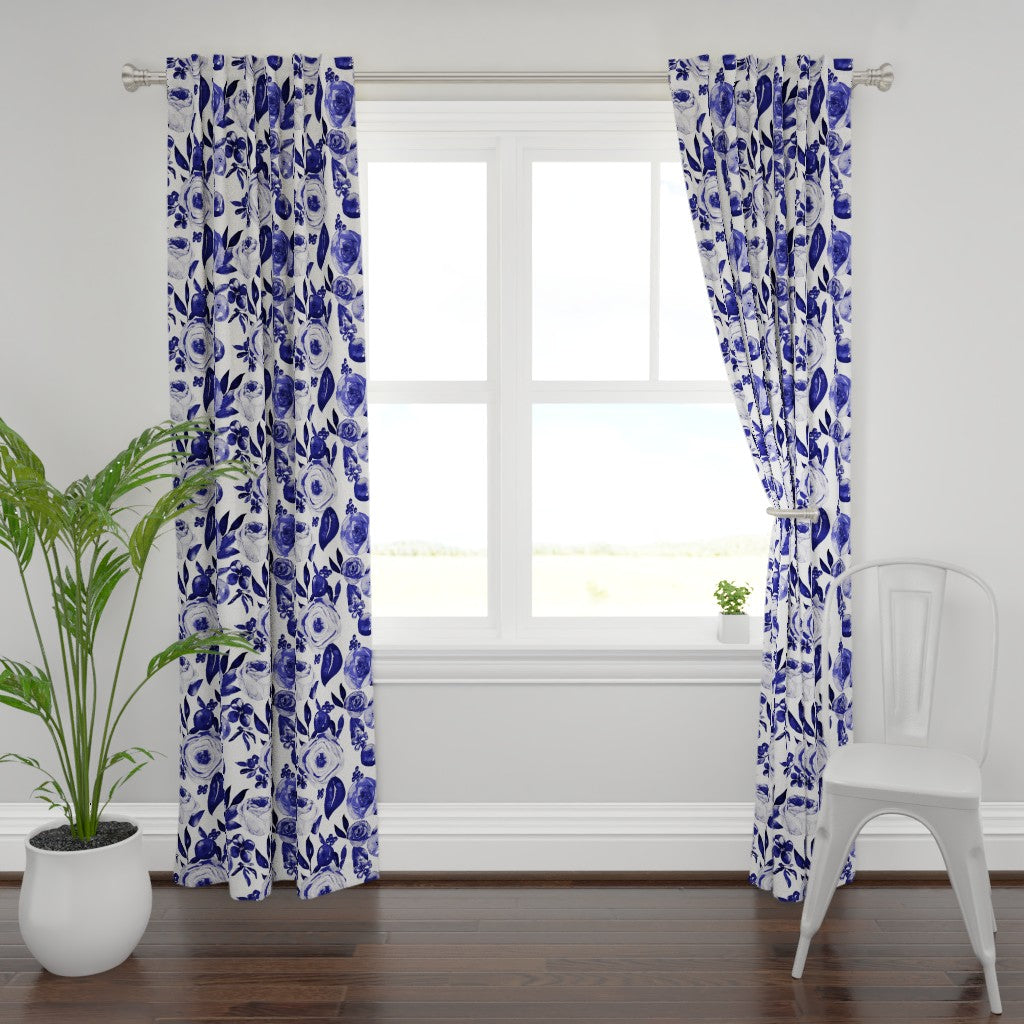 Blue and White Watercolor Floral  Print Window Curtains