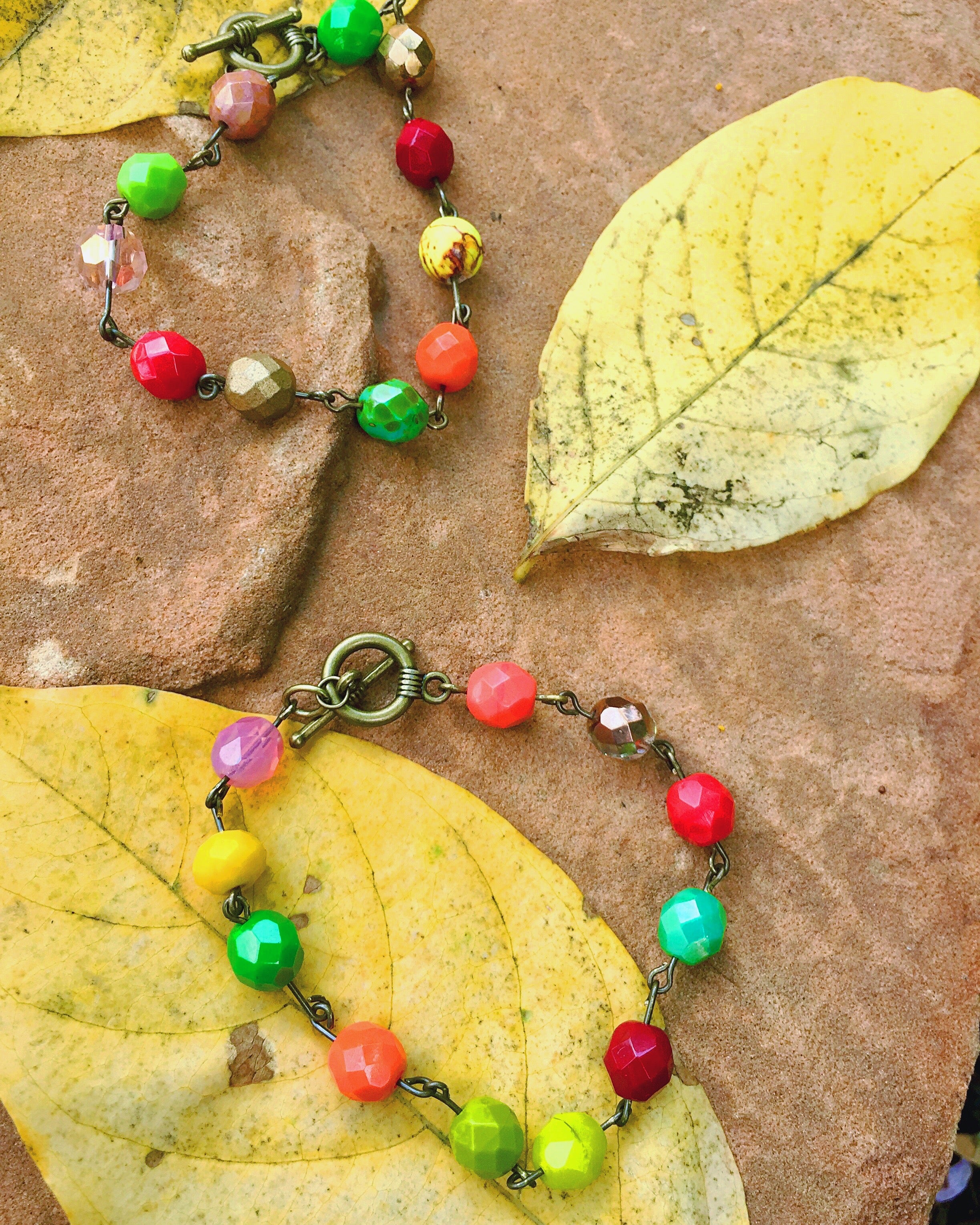 Bohemian handcrafted colorful Czech glass / gemstone bead chain bracelets