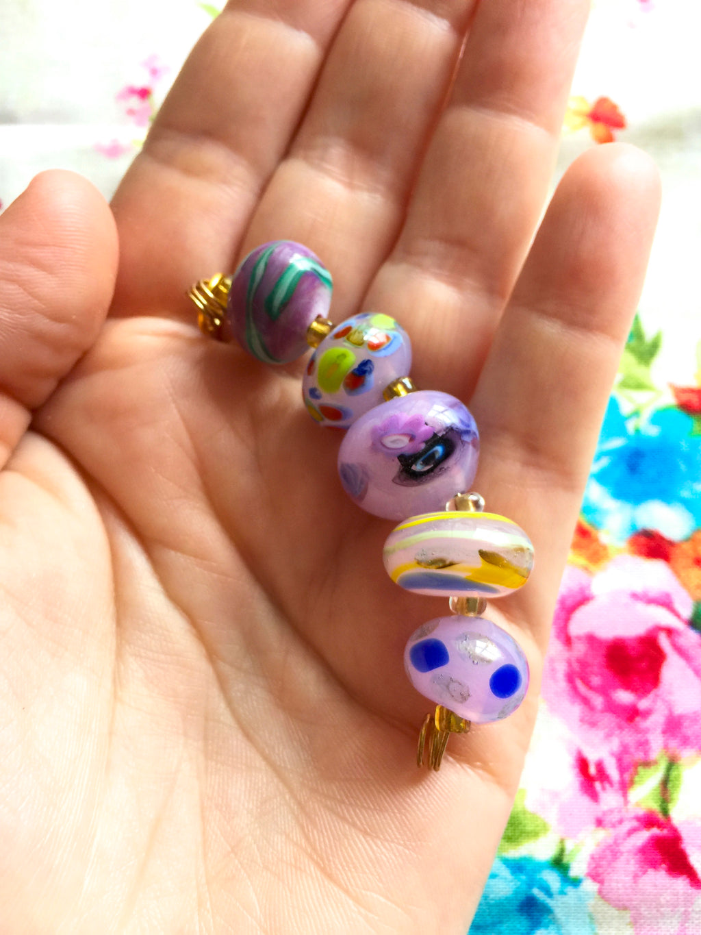 Set of 5 Handcrafted Lampwork Glass Beads in shades of Pink, Blues, Violet with spots and stripes Active