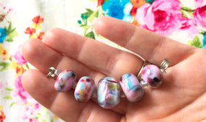 Set of 5 Handcrafted Lampwork Glass Beads in shades of Pink, Blues, Violet with spots and swirls. Perfect for crafting and jewelry making.