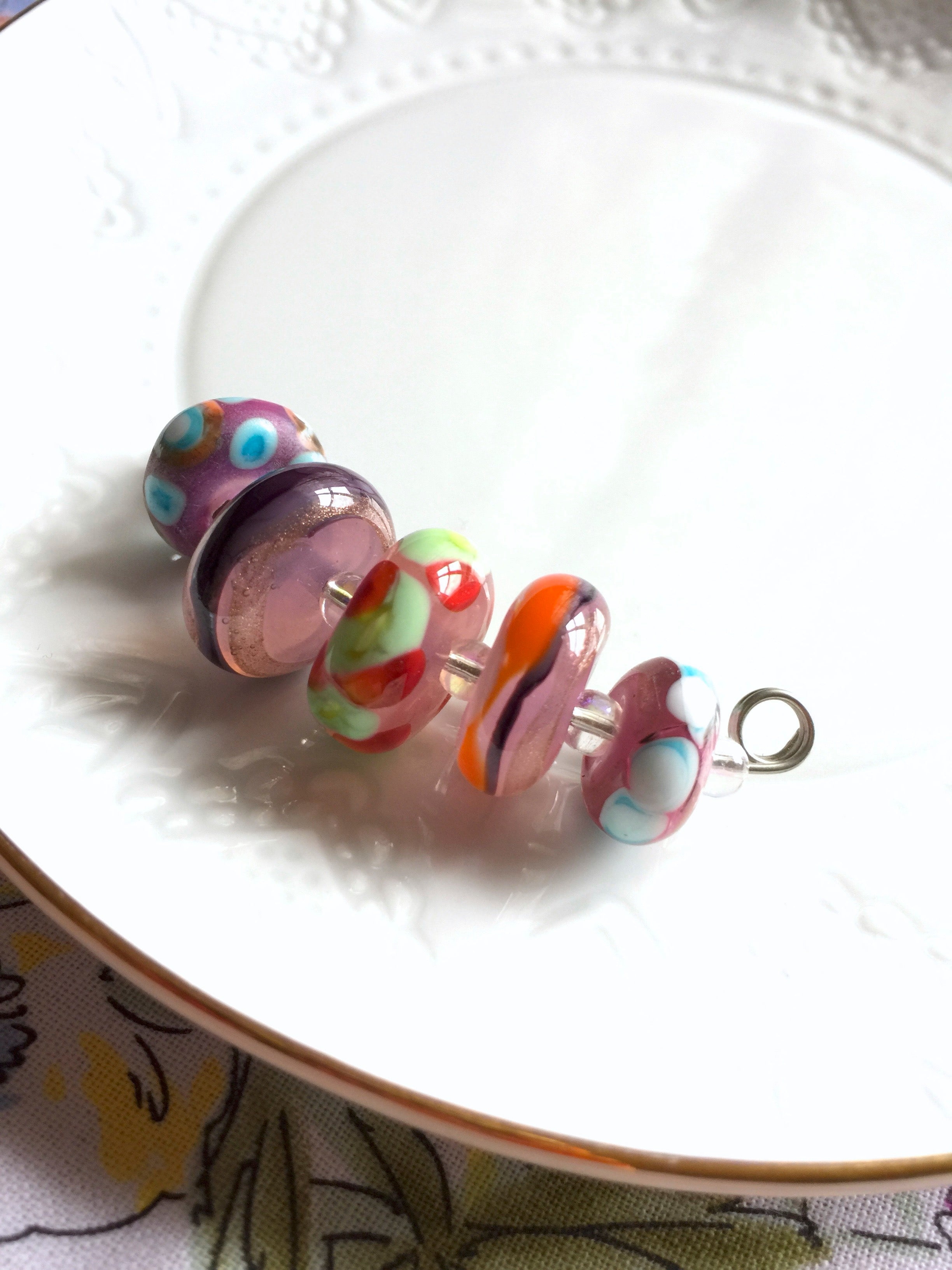 Set of 5 Colorful Handcrafted Lampwork Glass Beads with Bright Swirls, Stripes, and Dots in fun summer colors.