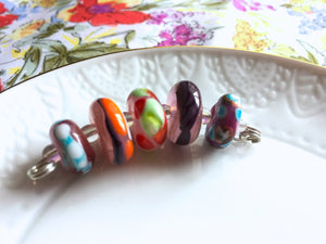 Set of 5 Colorful Handcrafted Lampwork Glass Beads with Bright Swirls, Stripes, and Dots in fun summer colors.