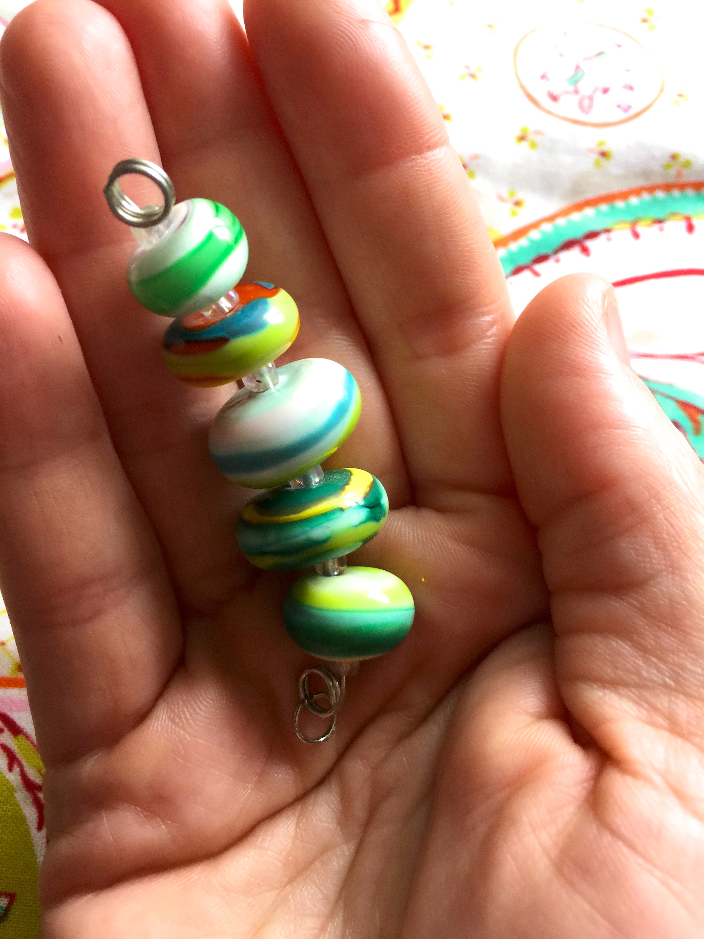 Set of 5 Colorful Handcrafted Lampwork Glass Beads with Bright Swirls and stripes in fun summer colors.