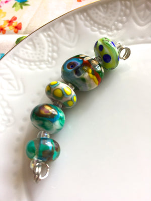 Set of 5 Colorful Handcrafted Lampwork Glass Beads with Bright Swirls and stripes in fun summer colors