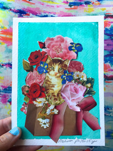 Teal Floral and Kitten Collage + Watercolor Art