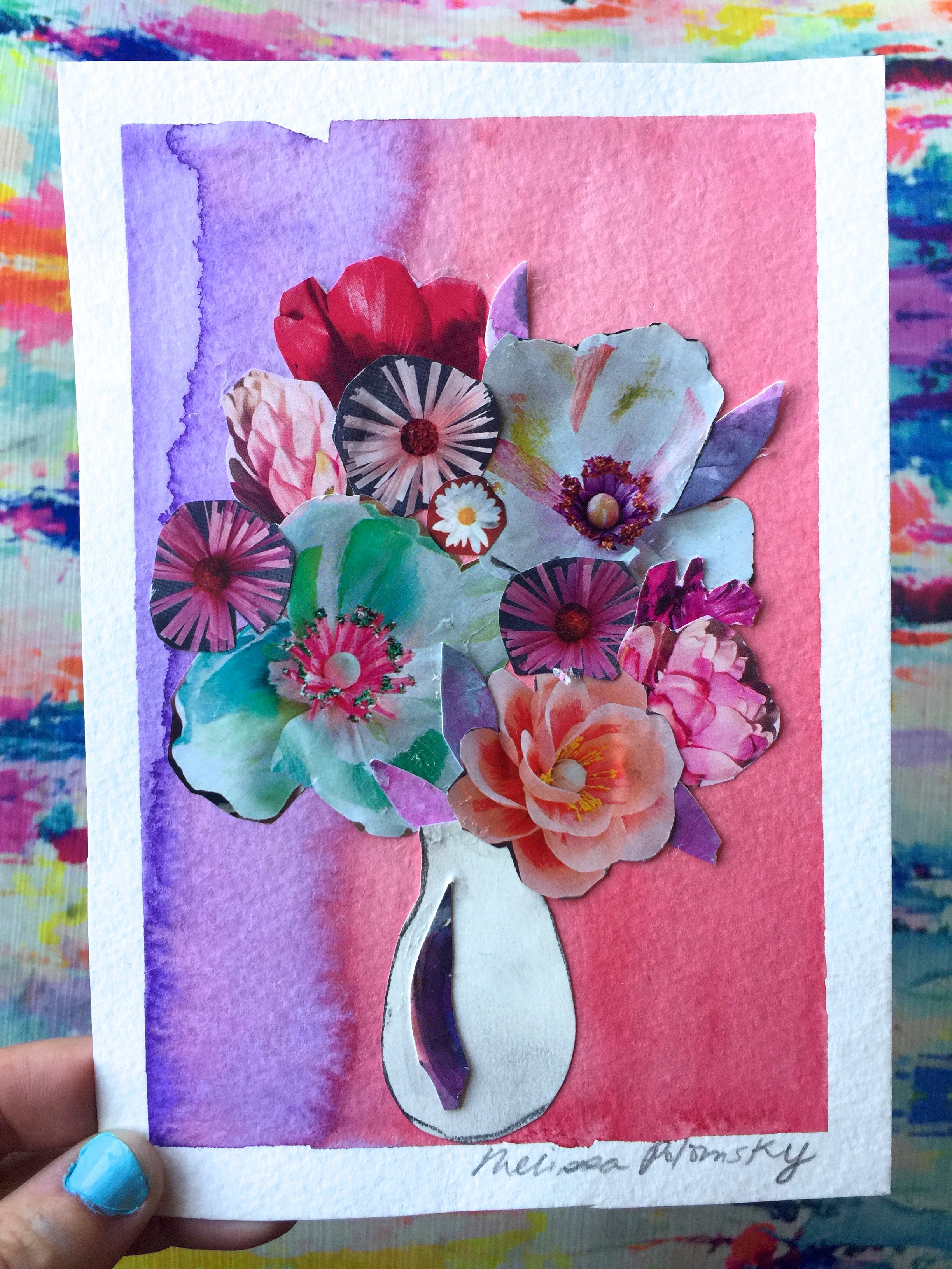 Pretty Pink and Violet Floral Collage + Watercolor Art