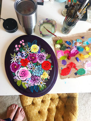 Wooden Oval Floral Painting with Vibrant Colorful Flower Bouquet