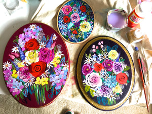 Large Wooden Oval Floral Painting with Vibrant Colorful Flower Bouquet