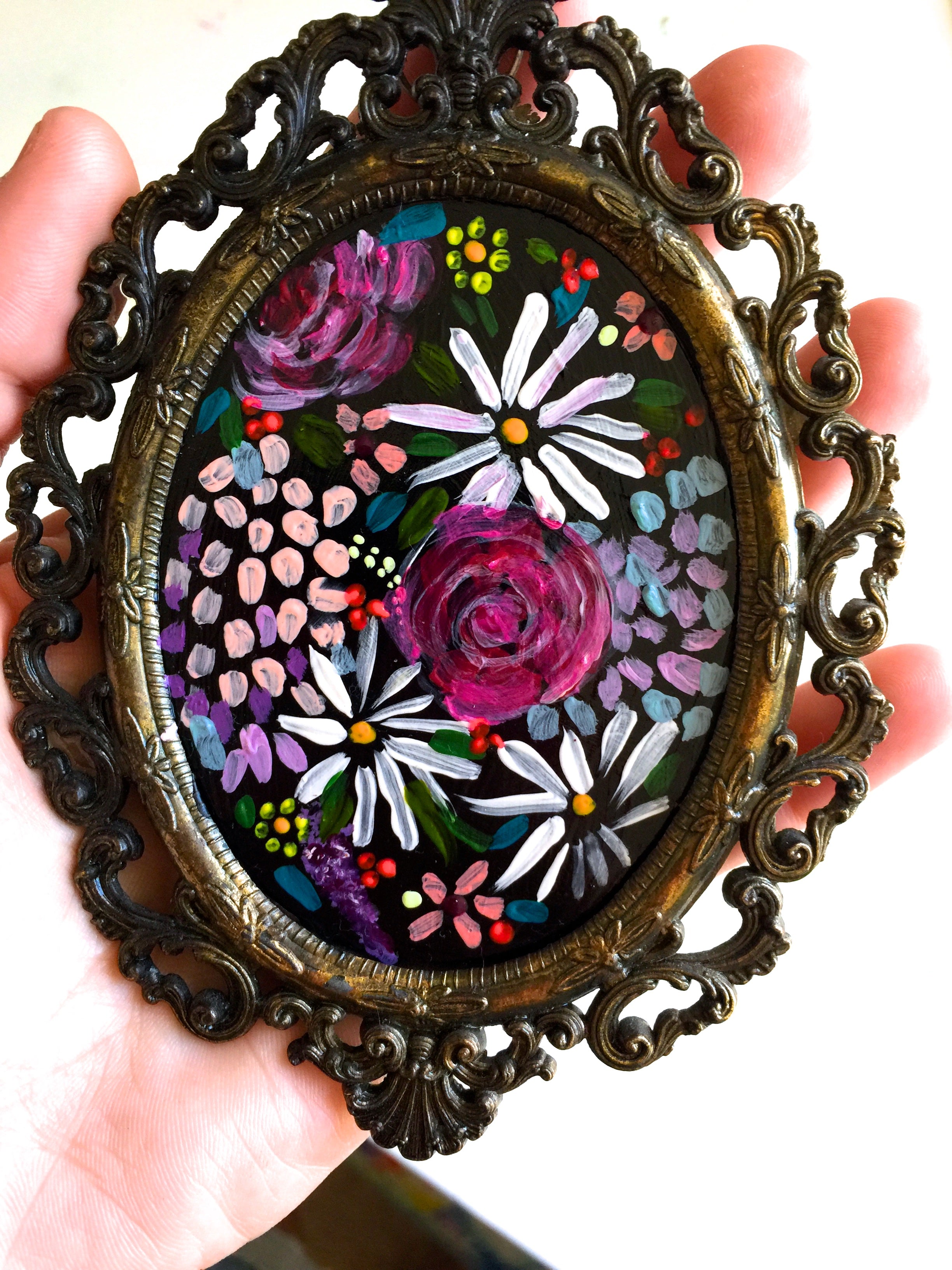 Small Floral Painting with Vibrant Colorful Florals in Pretty Oval Vintage Frame.