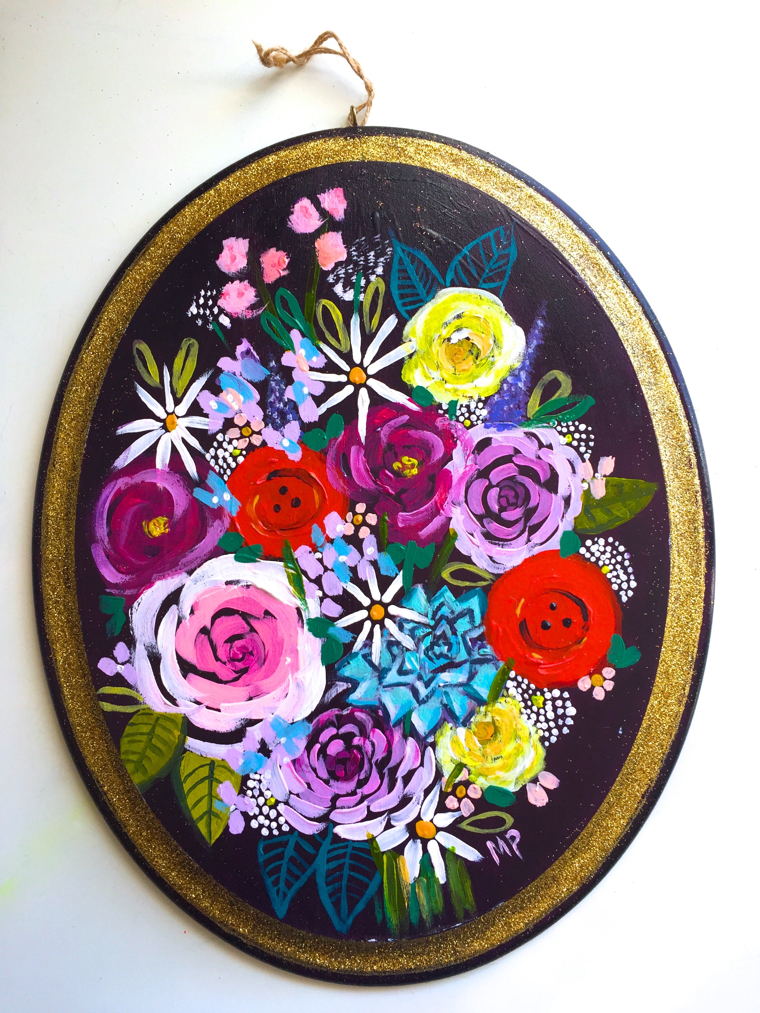 Wooden Oval Floral Painting with Vibrant Colorful Flower Bouquet