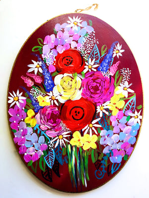 Large Wooden Oval Floral Painting with Vibrant Colorful Flower Bouquet
