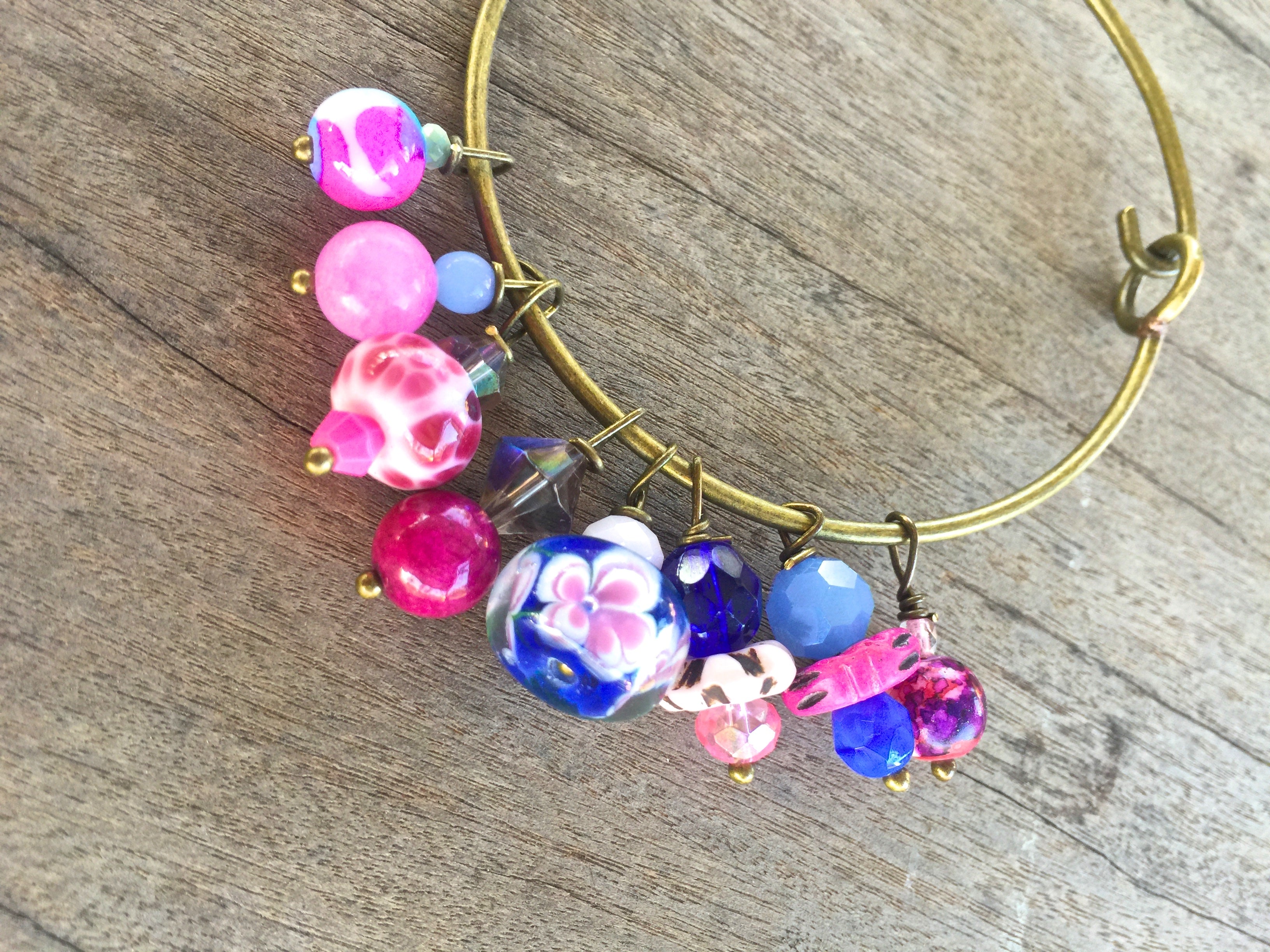 Pink and Blue Lampwork and Czech Glass Beaded Charm Bracelet