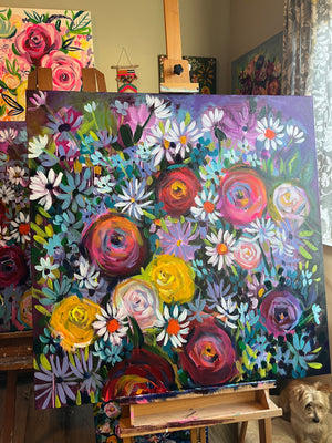 Large 36” Midnight Colorful Floral painting