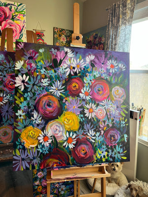Large 36” Midnight Colorful Floral painting
