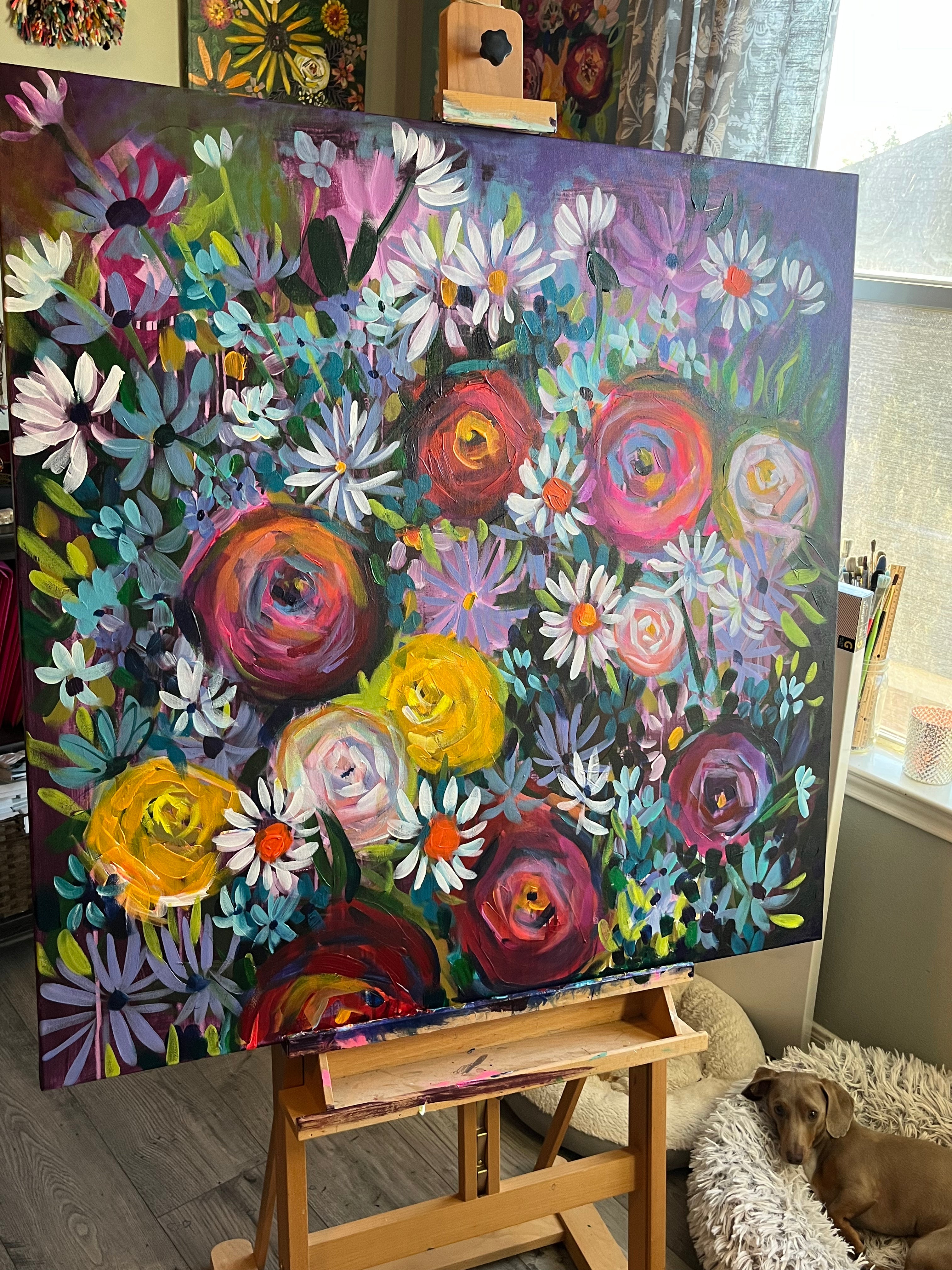 Large 36” Midnight Colorful Floral painting – The Artwerks