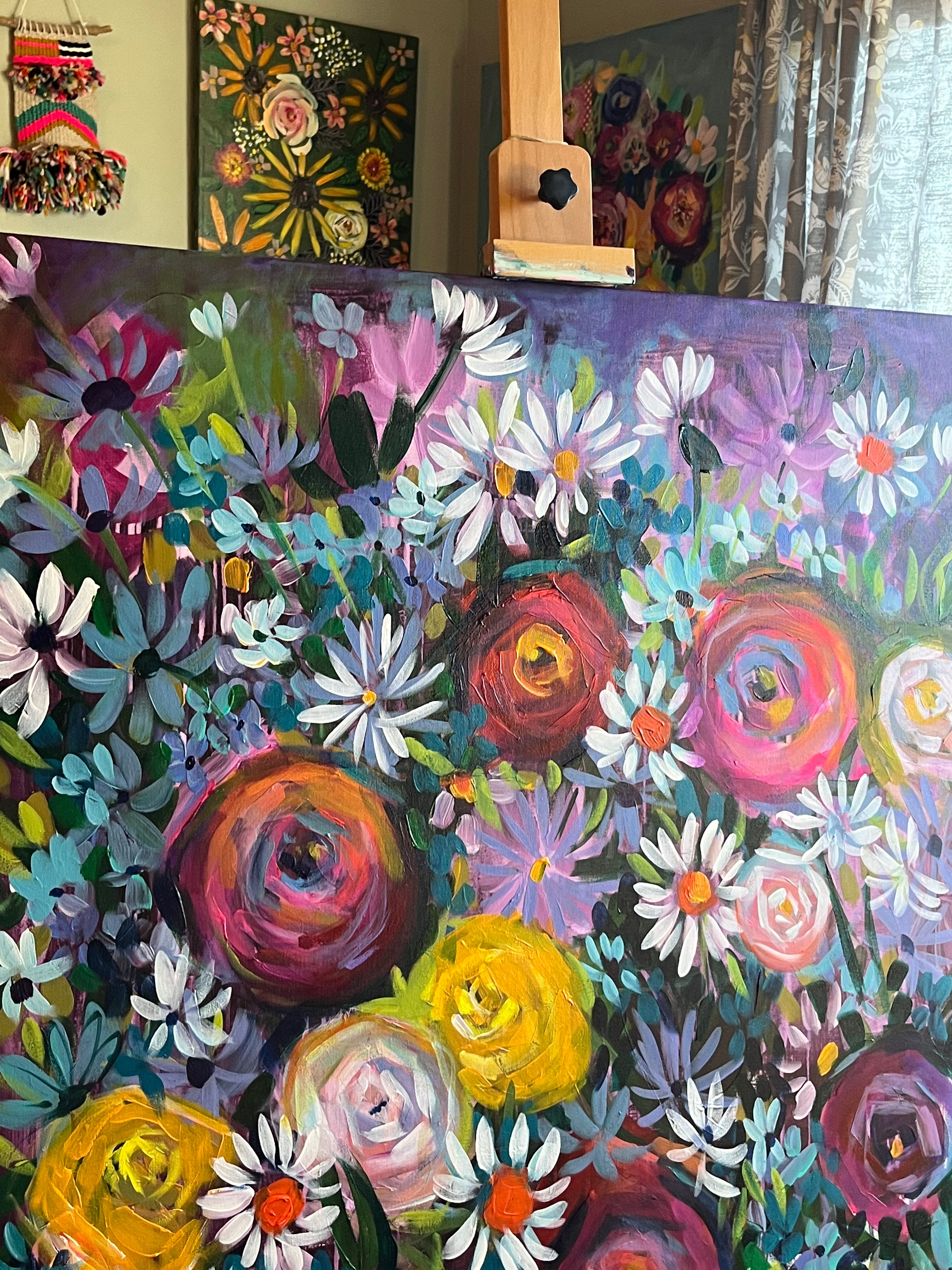 Large 36” Midnight Colorful Floral painting – The Artwerks