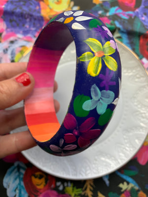Hand Painted Floral Print Wooden Bangle Bracelet