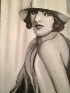 Woman with White Hat, Oil on Canvas. Black and White. Small Painting.