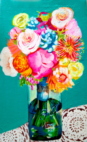Mason Jar bouquet Painting. Original Acrylic Painting on Canvas.